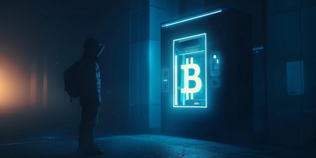 futuristic bitcoin atm concept glowing soft in the darkness