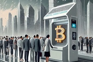 illustration of hundreds of people waiting at a bitcoin atm with skyscrapers and digital rain